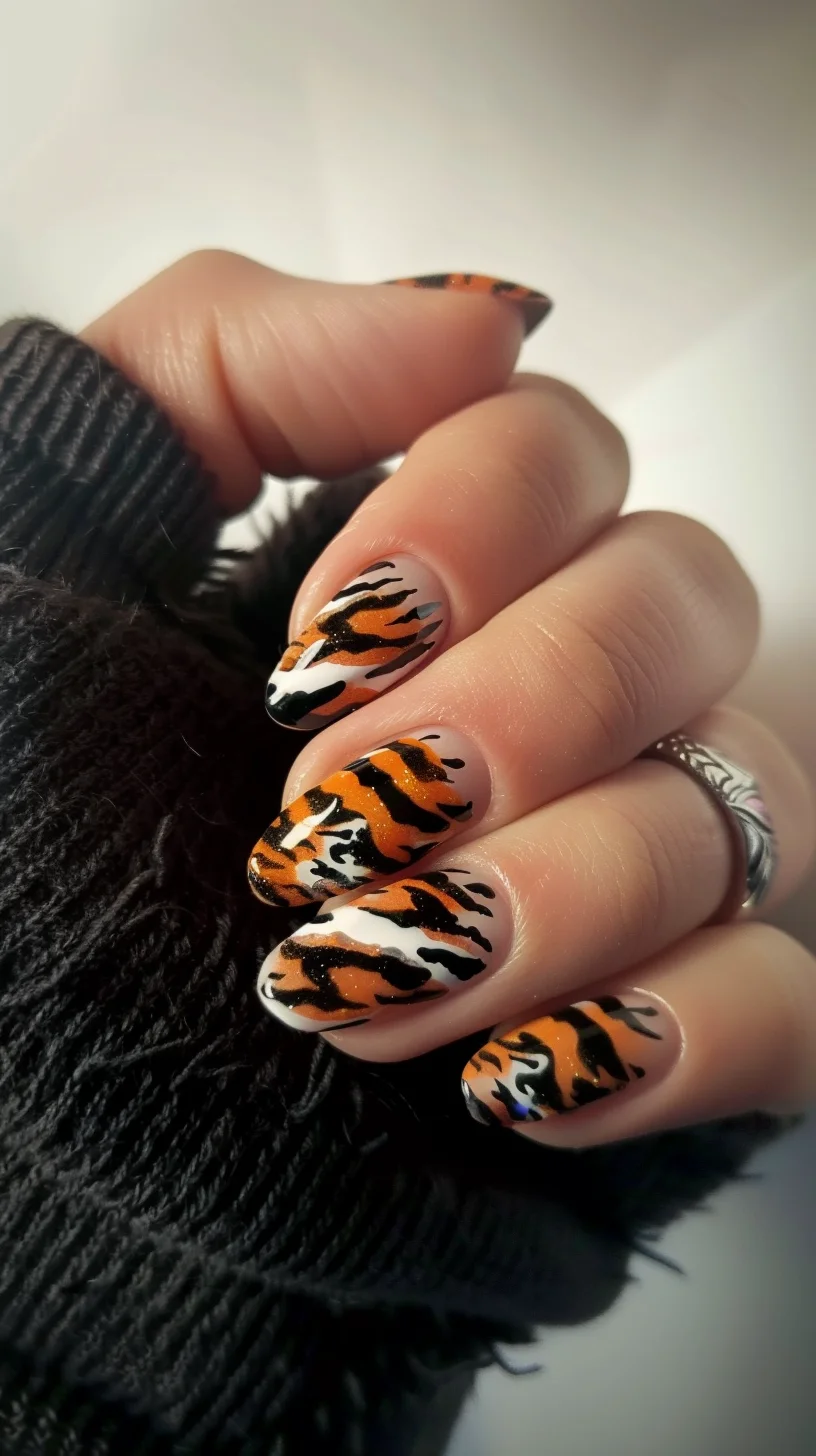 Here are long, almond-shaped nails with a vibrant tiger stripe design. The base color is white, overlaid with striking orange and black stripes. The bold, contrasting colors create a fierce and dynamic look, perfect for making a statement.