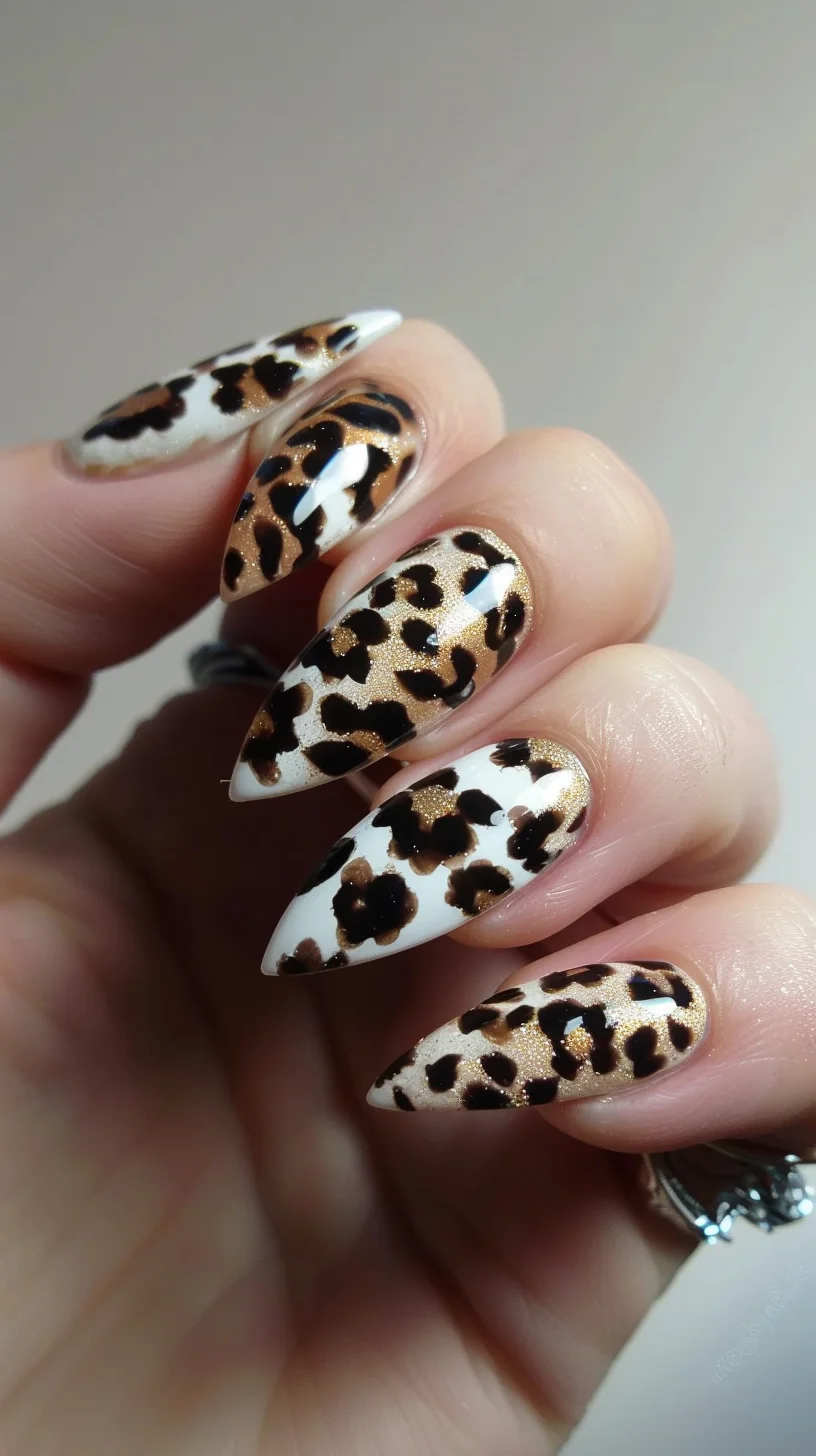 Long, almond-shaped nails with a mix of white and shimmering gold bases. Each nail is decorated with a leopard print pattern in black and brown, blending classic animal print with a touch of glamour. 