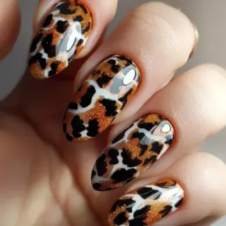 Long, almond-shaped nails display a mix of white and bronze bases. Each nail is decorated with a leopard print pattern in black and brown, with the bronze sections adding a touch of shimmer.