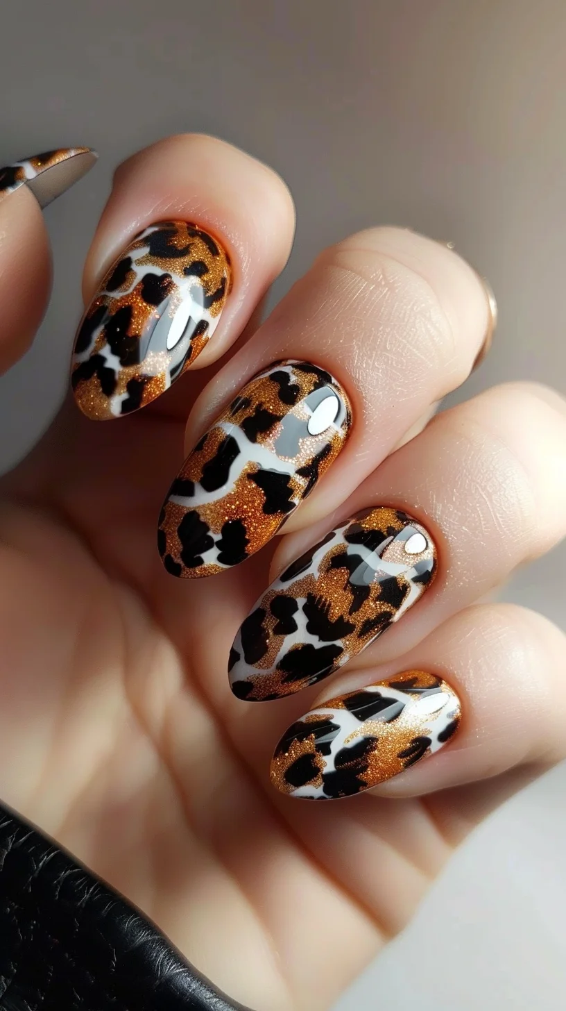 Long, almond-shaped nails display a mix of white and bronze bases. Each nail is decorated with a leopard print pattern in black and brown, with the bronze sections adding a touch of shimmer. 