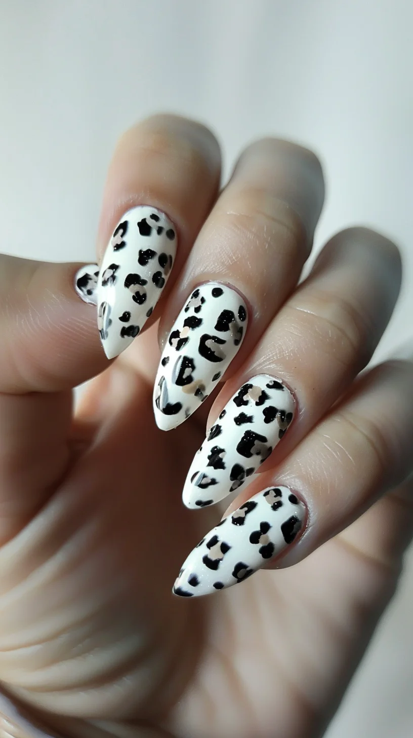 Long, almond-shaped nails showcase a classic black and white leopard print design. The white base serves as a striking contrast to the black and beige spots, creating a timeless and chic look. 