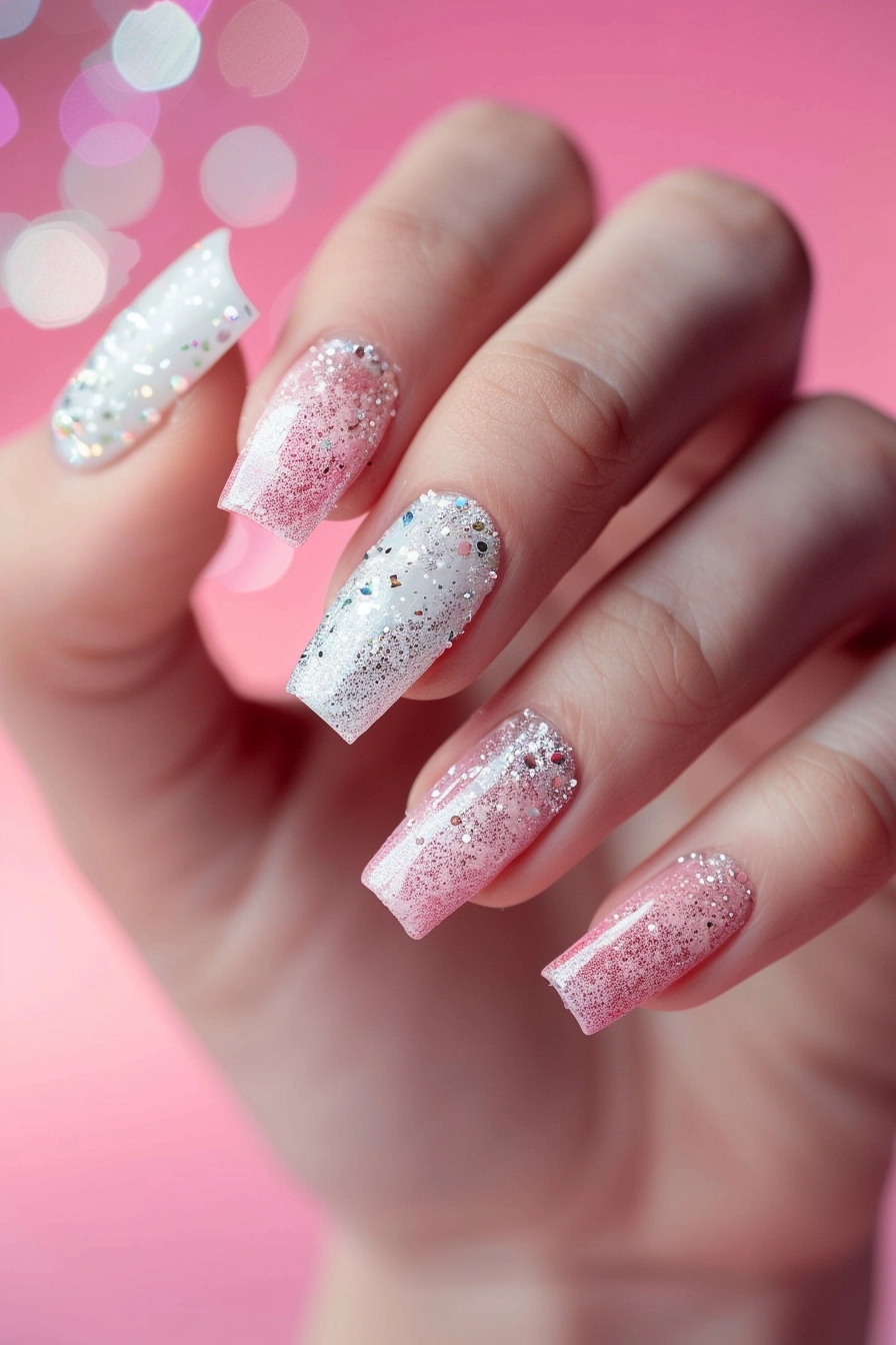 Square-shaped nails with a gradient from white to pink, adorned with silver glitter and tiny holographic pieces for a sparkling finish.