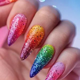 Almond-shaped nails featuring a vibrant rainbow gradient from pink to green and blue, all coated with a layer of fine silver glitter, making for a bold and colorful look.