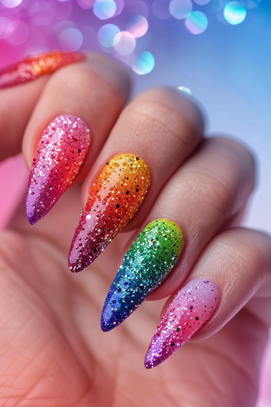 Almond-shaped nails featuring a vibrant rainbow gradient from pink to green and blue, all coated with a layer of fine silver glitter, making for a bold and colorful look.