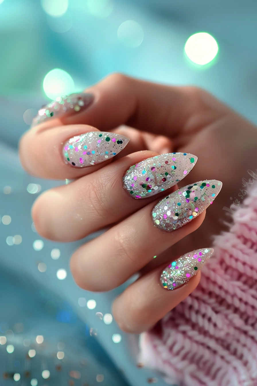 Almond-shaped nails with a clear base and a mix of colorful glitter pieces, resulting in a fun and playful design perfect for a festive occasion.