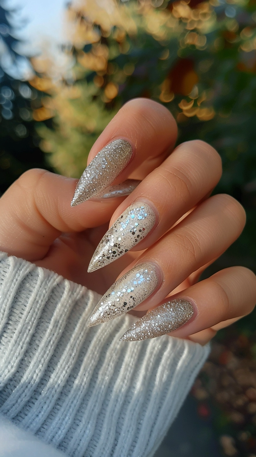 Stiletto-shaped nails with a silver base and various sizes of holographic glitter, producing a sophisticated and dazzling effect. 