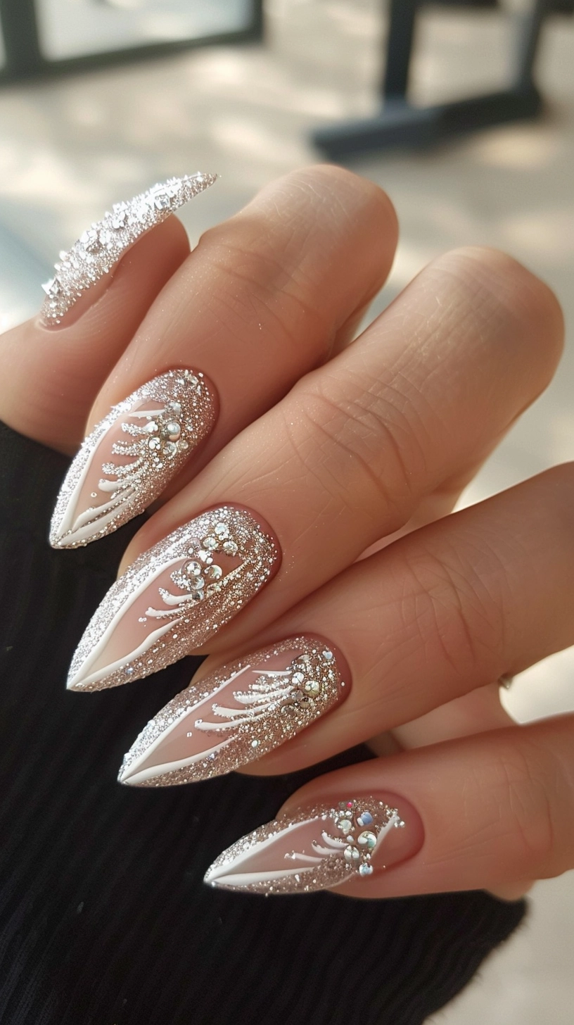 Stiletto-shaped nails with a nude base, intricate white designs, and various sizes of silver glitter, creating an elegant and intricate look.