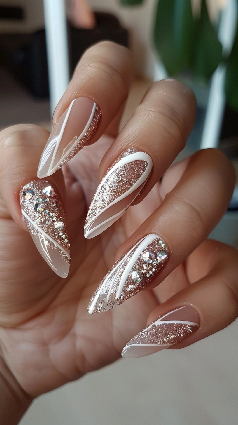 Stiletto-shaped nails featuring a mix of nude and white swirls, adorned with silver glitter and small rhinestones, providing a sophisticated and stylish appearance.