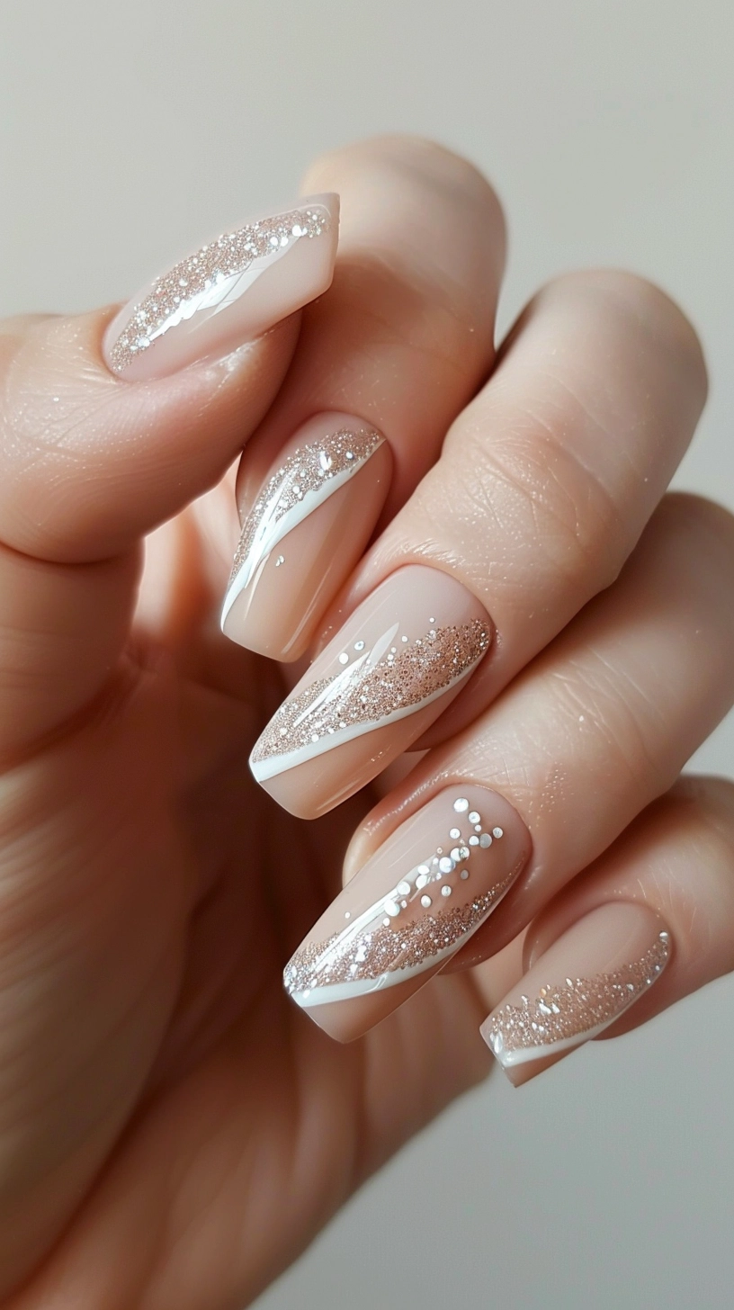 Almond-shaped nails with a clear base, decorated with silver glitter and white swirls, accented with tiny pearls for a delicate and refined look.