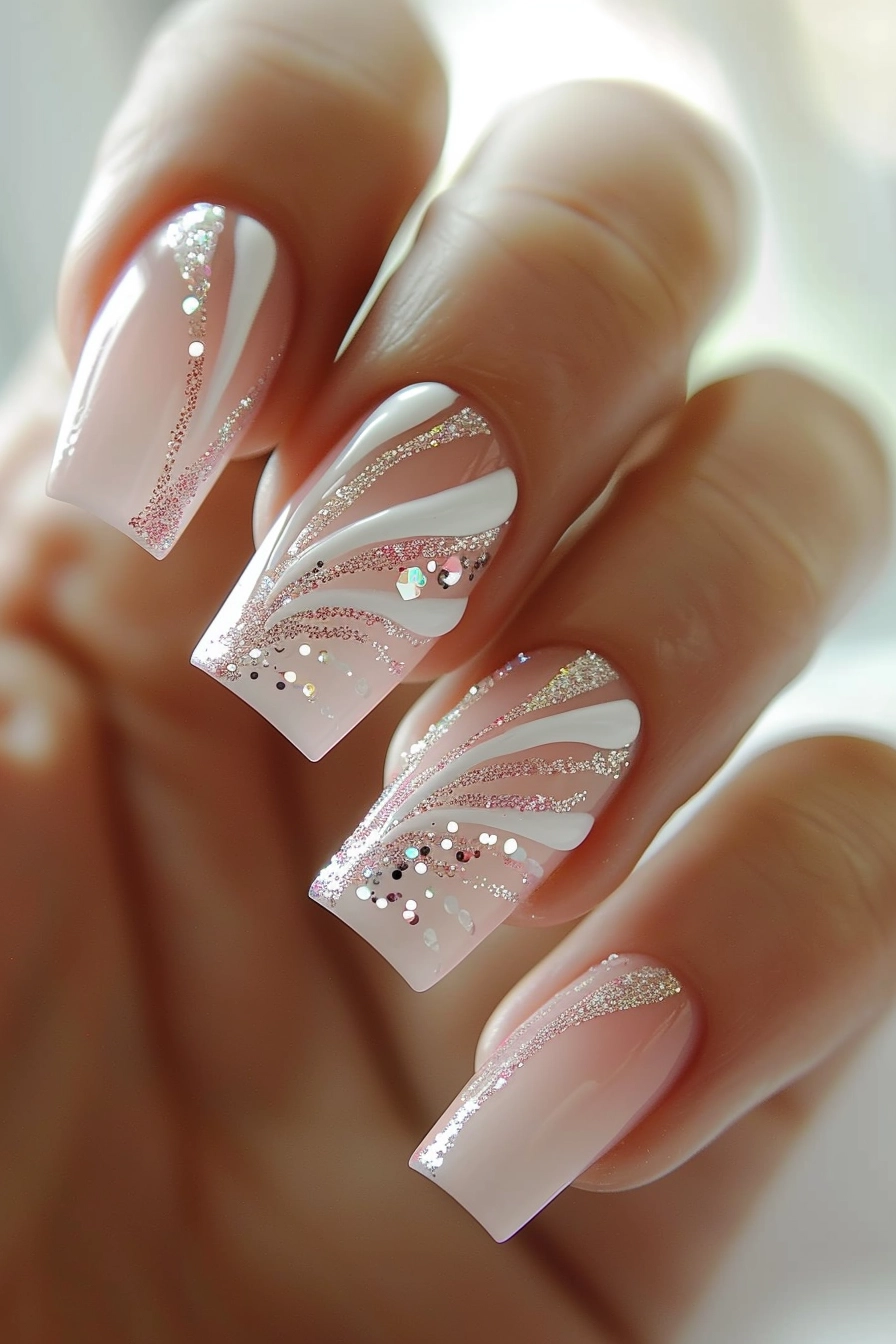 Square-shaped nails with a light pink base, white swirls, and a mix of fine silver glitter, creating a graceful and chic design.