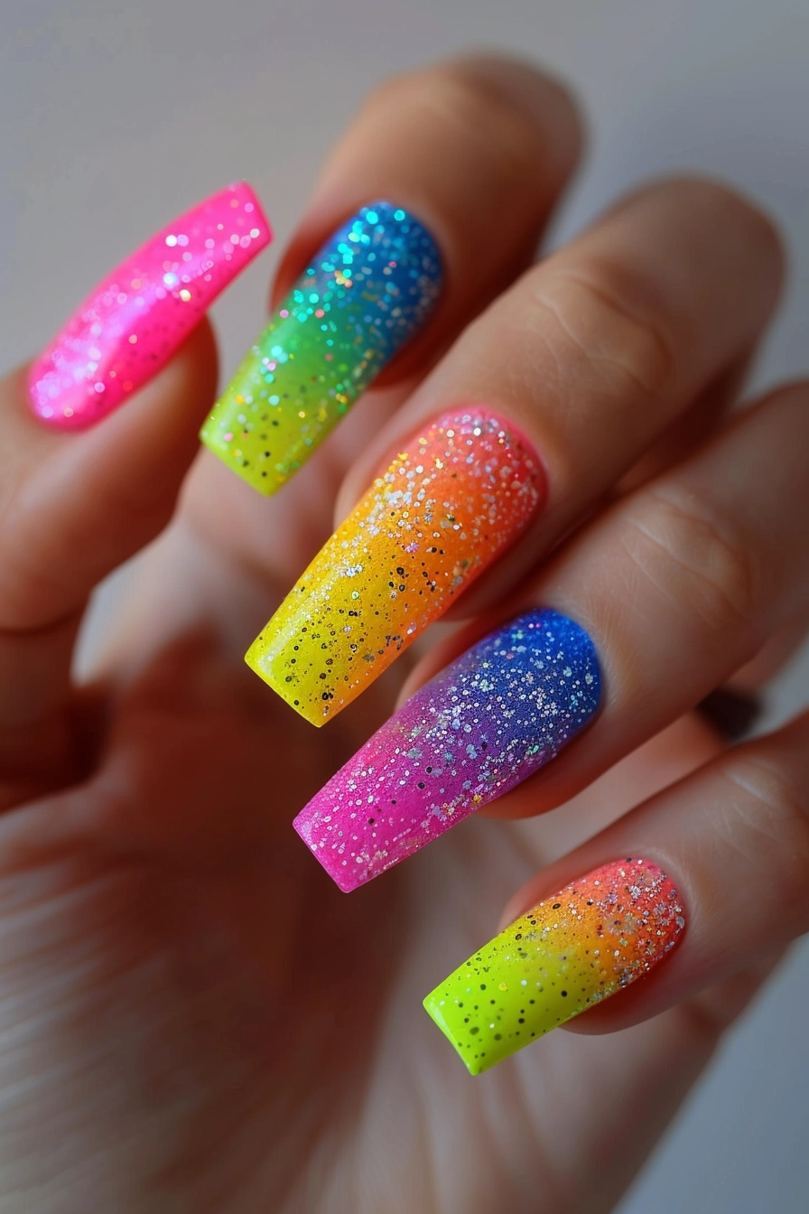 Coffin-shaped nails with a vibrant rainbow gradient from pink to blue and green, covered in fine silver glitter for a dazzling look.