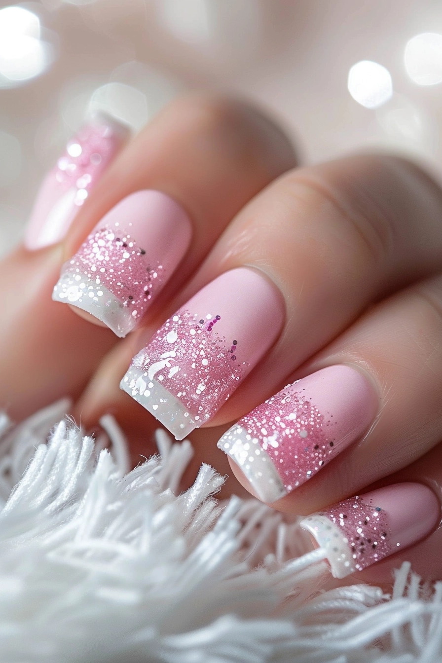 Square-shaped nails with a soft pink base and white tips, layered with pink glitter, producing a sweet and feminine look.