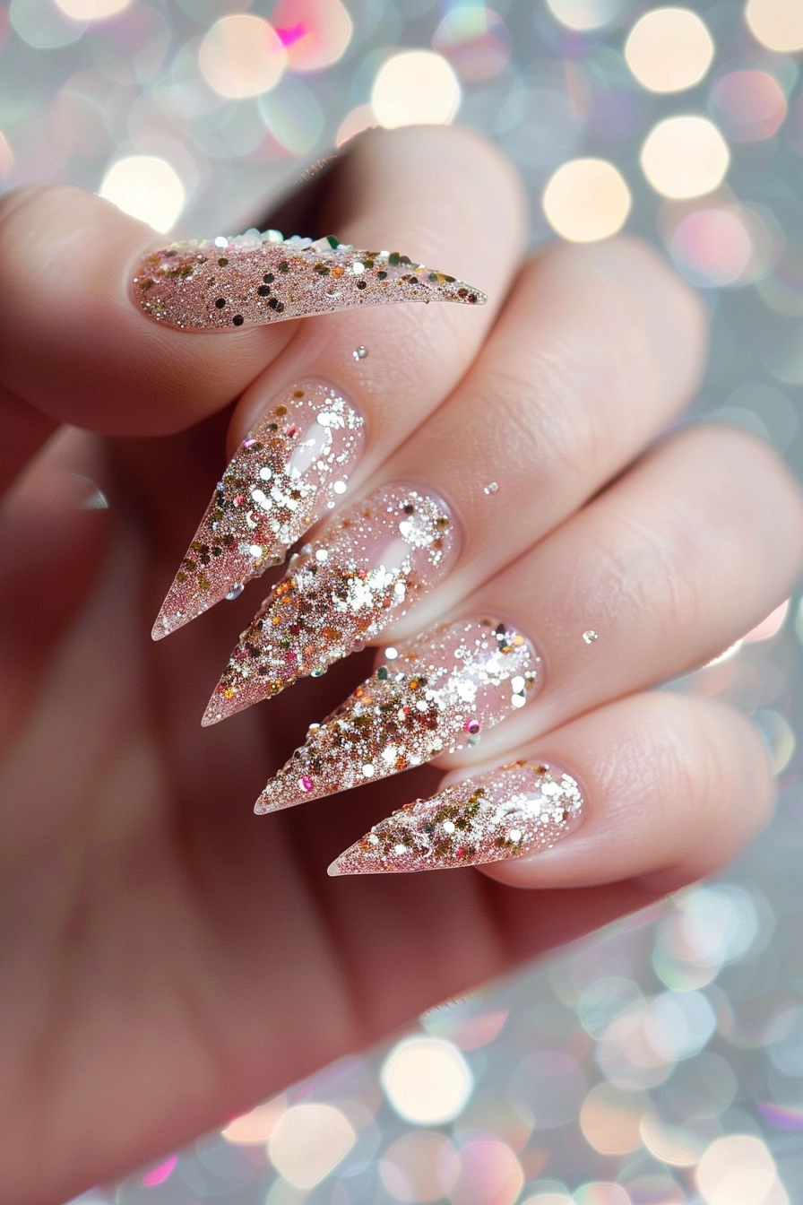 Stiletto-shaped nails covered entirely with gold and silver glitter, creating a dazzling and festive appearance.