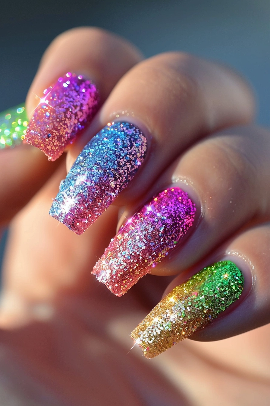 Square-shaped nails featuring a vibrant gradient of pink, blue, and green, all coated with fine silver glitter, giving a colorful and sparkling look.