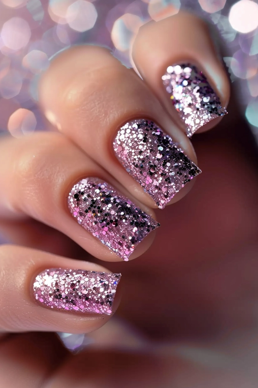 Square-shaped nails fully adorned with dense pink and silver glitter, creating a glamorous and eye-catching design.