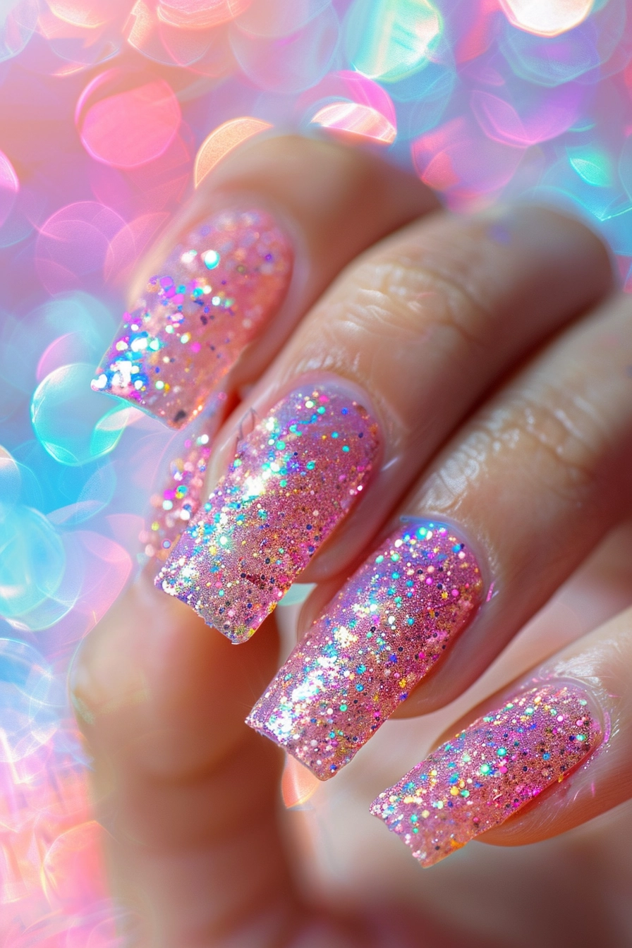 The nails are square-shaped and feature a vibrant pink glitter polish. The glitter has a mix of holographic particles that reflect various colors, creating a sparkling and festive look. The background has a bokeh effect with pink and blue hues, enhancing the overall glittery appearance.