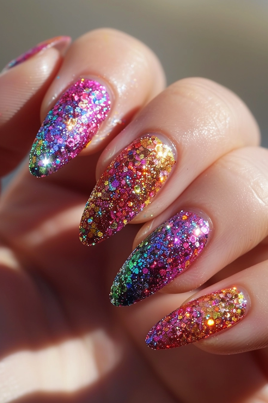 The nails are almond-shaped and covered with dense multicolored glitter. The glitter particles vary in size and color, including pink, blue, green, and gold, creating a vibrant and dazzling effect. 