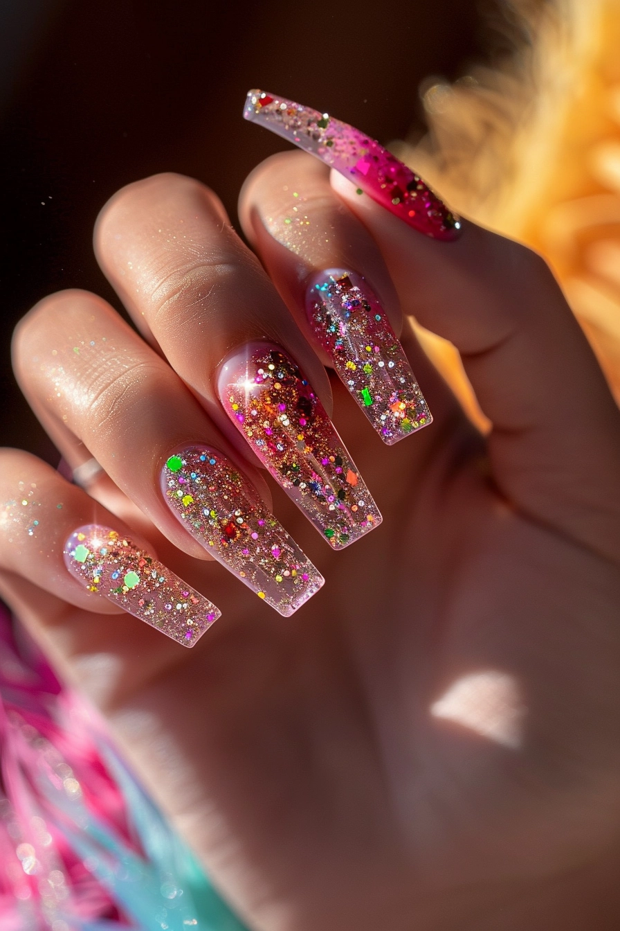 These nails are long and square-shaped, with a clear base covered in colorful glitter. The glitter includes larger, more noticeable particles in various colors, creating a playful and fun look. 