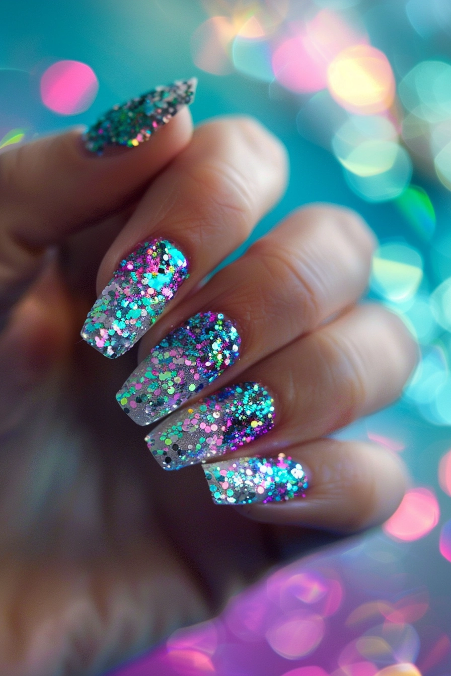 The nails are square-shaped and feature a blue and pink gradient with multicolored glitter. The glitter particles are of different sizes and colors, adding a dynamic and vibrant touch to the design. 