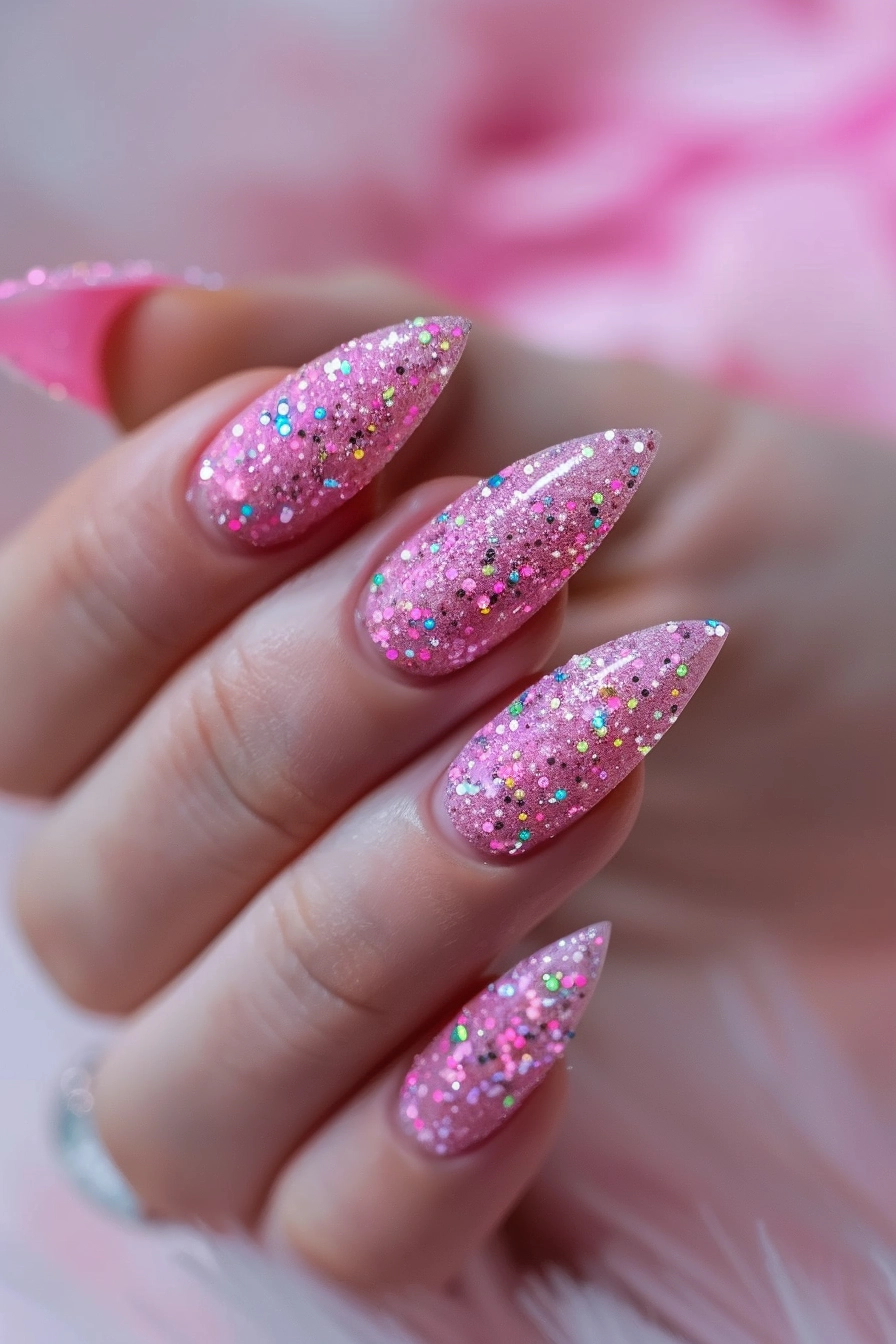 Stiletto-shaped nails entirely coated in pink glitter, embellished with multicolored sparkles, creating a glamorous and eye-catching effect.