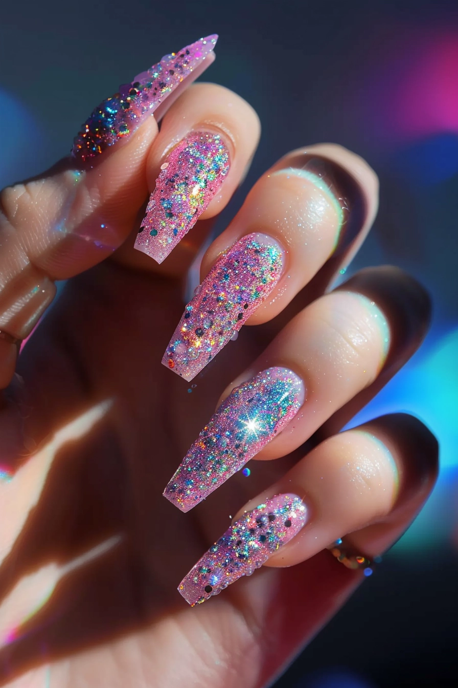 These nails are long and stiletto-shaped, covered in pink glitter with multicolored accents. The glitter is dense and highly reflective, creating a sparkling effect. 