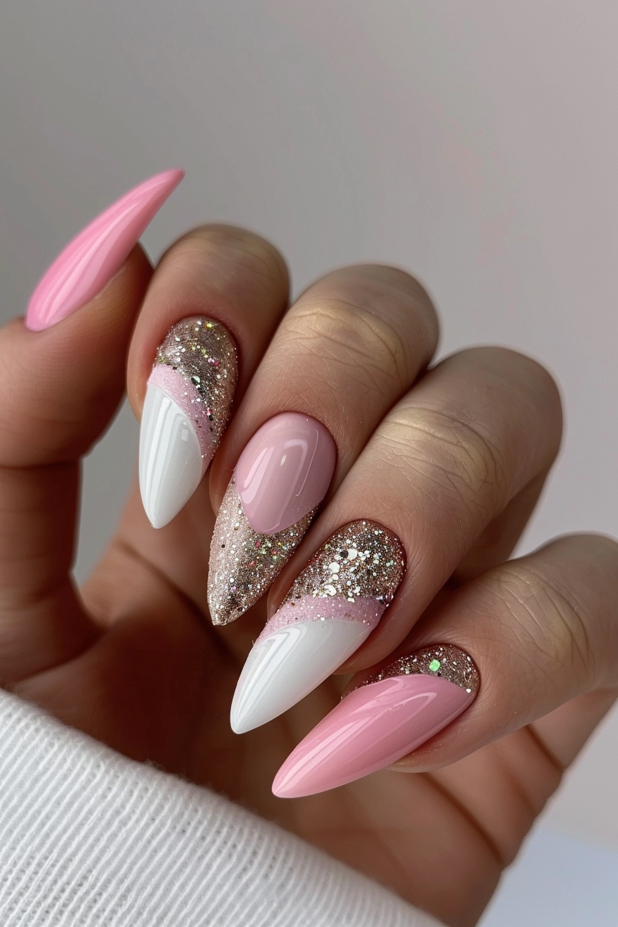 The nails are almond-shaped and feature a combination of pink, white, and glitter accents. One nail is solid pink, while others have a gradient of pink and white with glitter overlays. Some nails are fully covered in pink glitter, creating a cohesive, glamorous look.