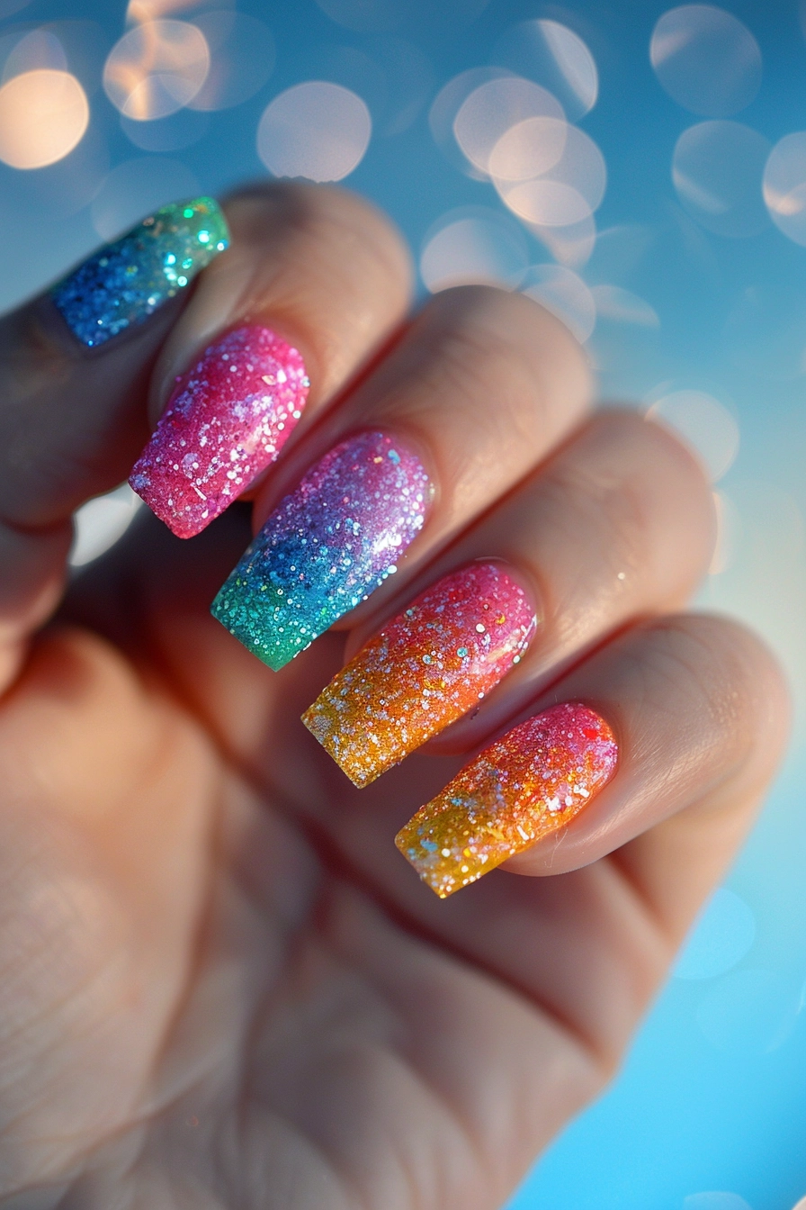 These square-shaped nails showcase a stunning rainbow gradient effect, transitioning from blue to pink, green, and yellow. The entire design is enhanced by a layer of fine glitter, adding a sparkling, multicolored finish perfect for vibrant, eye-catching nails.