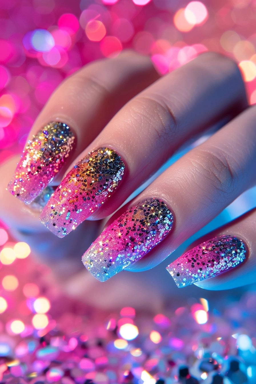 The nails are square-shaped, featuring a gradient from pink to gold at the tips. Covered in a mix of fine and chunky glitter, this design offers a glamorous and festive look with sparkling accents that catch the light beautifully.
