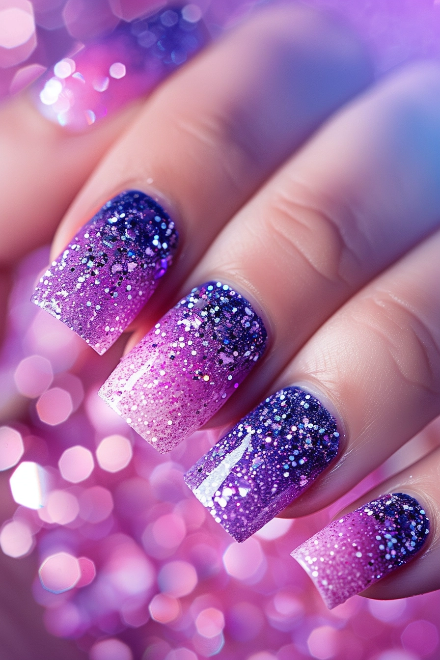 This nail design features a stunning gradient from dark blue to light pink, covered in fine glitter. The nails are square-shaped and the glitter gradient creates a magical, starry effect, making them perfect for a bold and elegant statement.