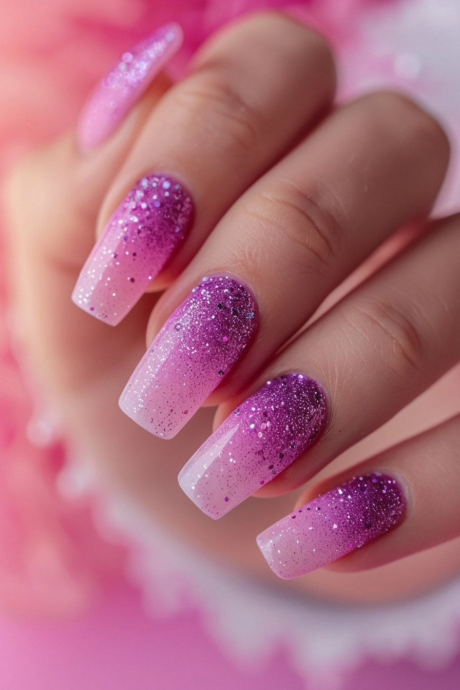 These nails showcase a soft gradient from pink to purple, covered in fine glitter. The square-shaped nails have a delicate, sparkling design that blends the colors beautifully, making them ideal for a subtle yet glamorous look.