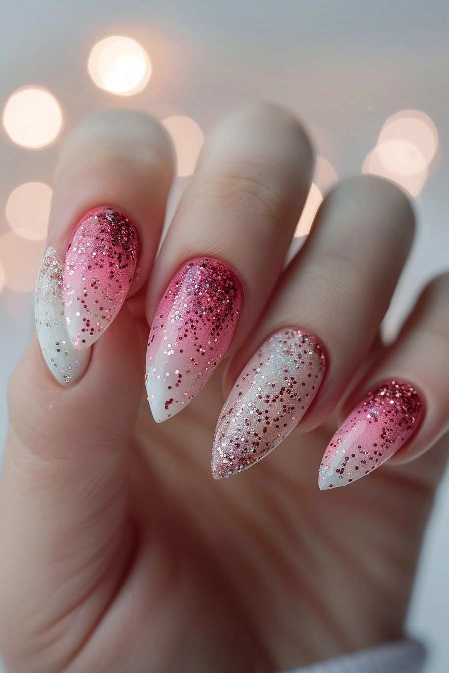 The nails are almond-shaped with a gradient design from pink to white, covered in red and silver glitter. This combination creates a festive and elegant look, perfect for special occasions or a standout everyday style.