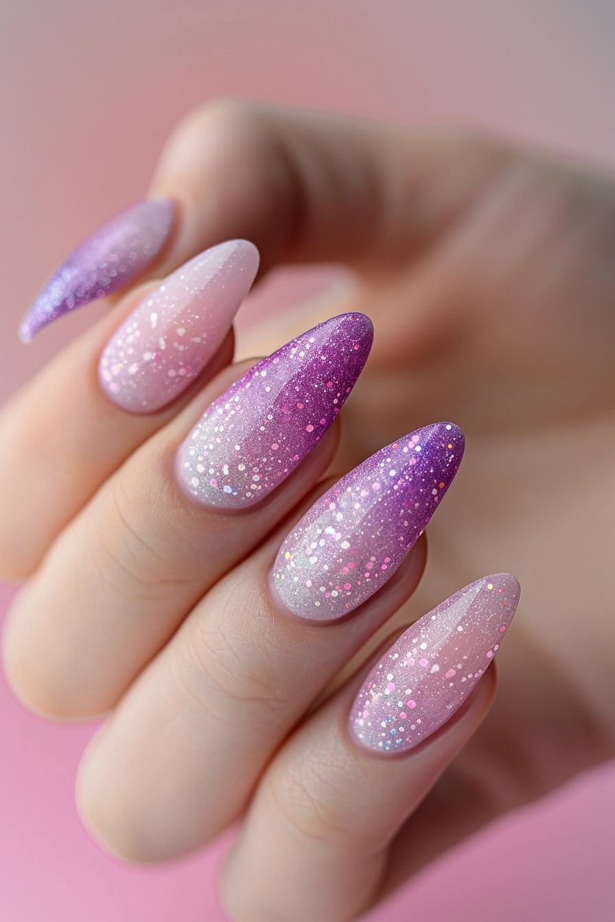 Elegant almond-shaped nails with pink, white, and glitter accents. Some nails are fully painted in solid colors, while others feature a glittery gradient or a mix of both.