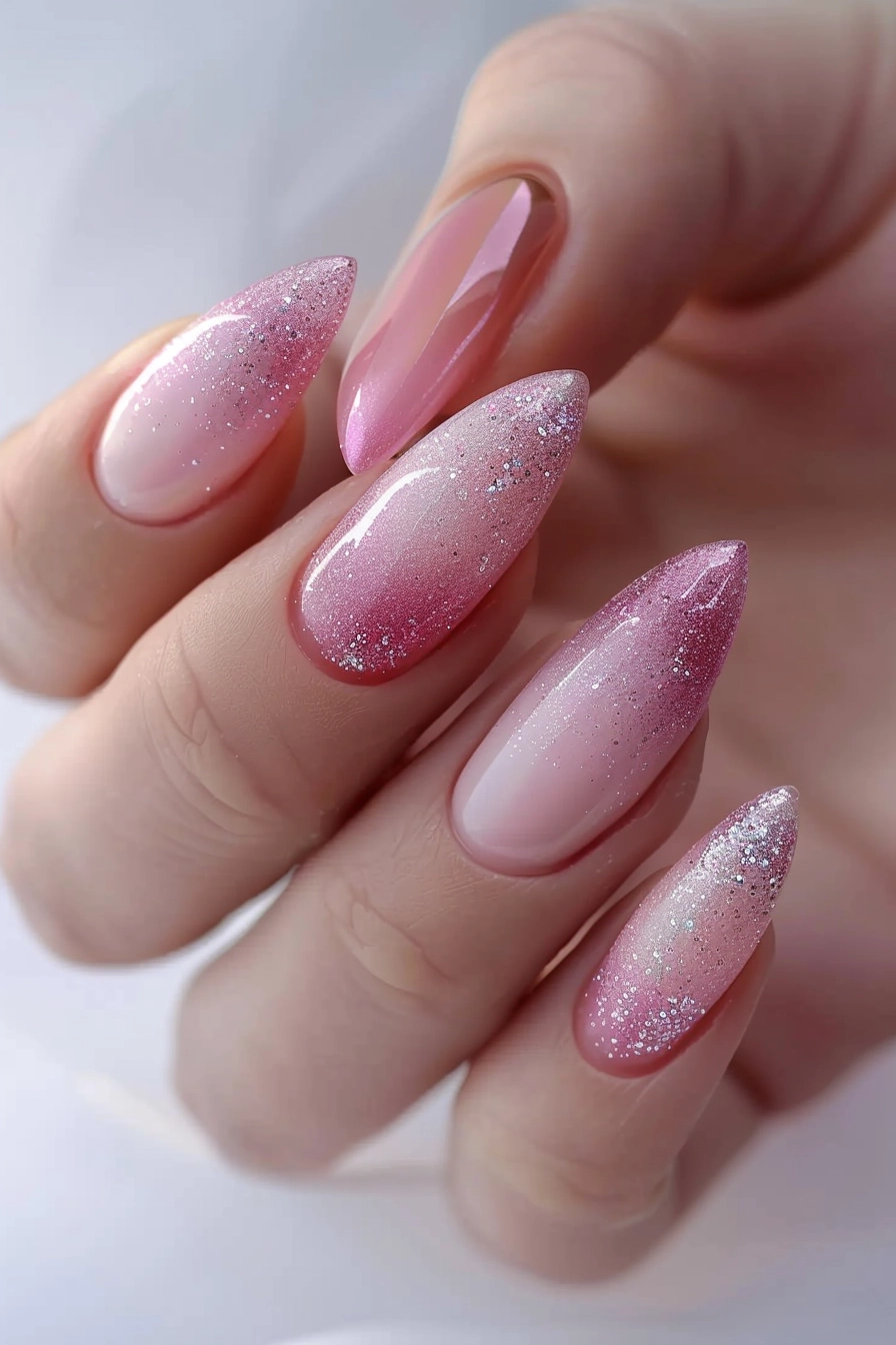 Vibrant, square-shaped nails with a glittery gradient of rainbow colors. The design transitions smoothly from one hue to the next, creating a sparkling, colorful effect.