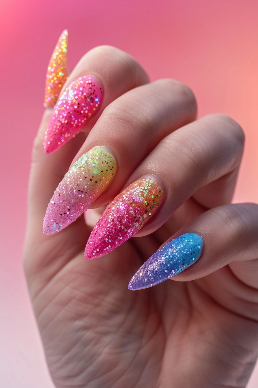 Stunning glittery nails featuring a bold gradient from gold to black, with pink and blue hues in between. The glitter is densely packed, giving a dazzling, festive appearance.
