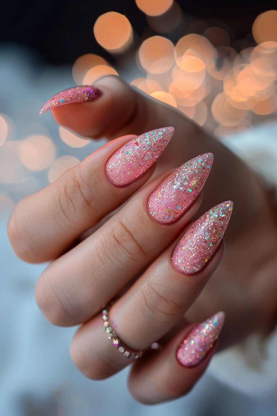 Almond-shaped nails with a light pink base, layered with pink glitter and holographic accents, giving a festive and elegant appearance.