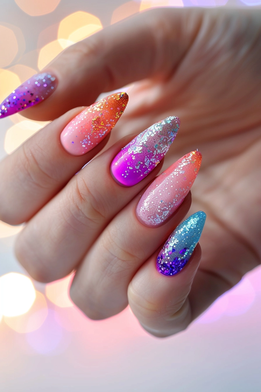 Gorgeous square nails with a gradient from dark blue to light pink, covered in glitter. The design is a blend of dark and light shades, creating a mesmerizing, sparkling look.