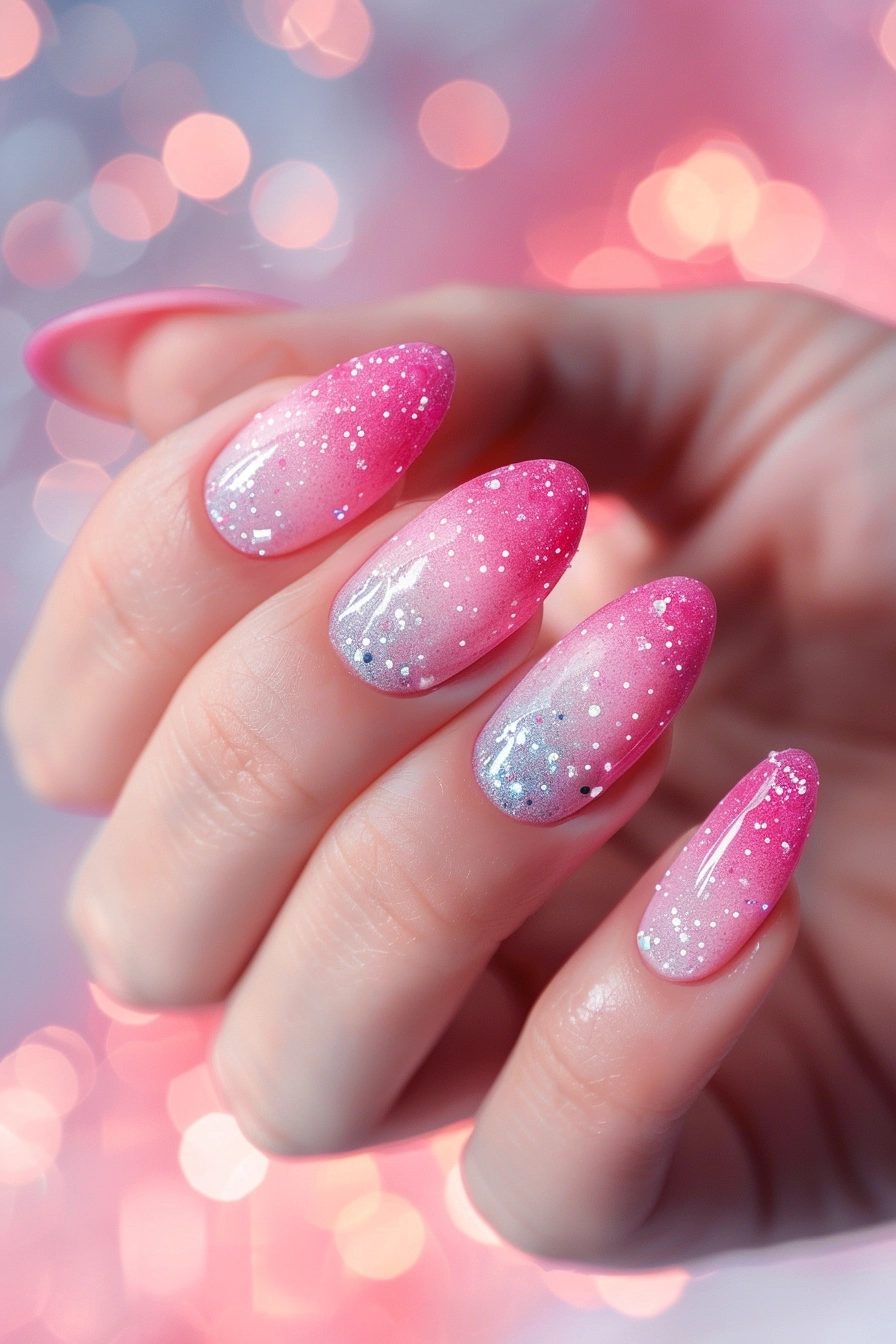 Soft pink to deep purple gradient nails with fine glitter. The ombre effect is subtle, transitioning smoothly between colors, and the glitter adds a touch of elegance.