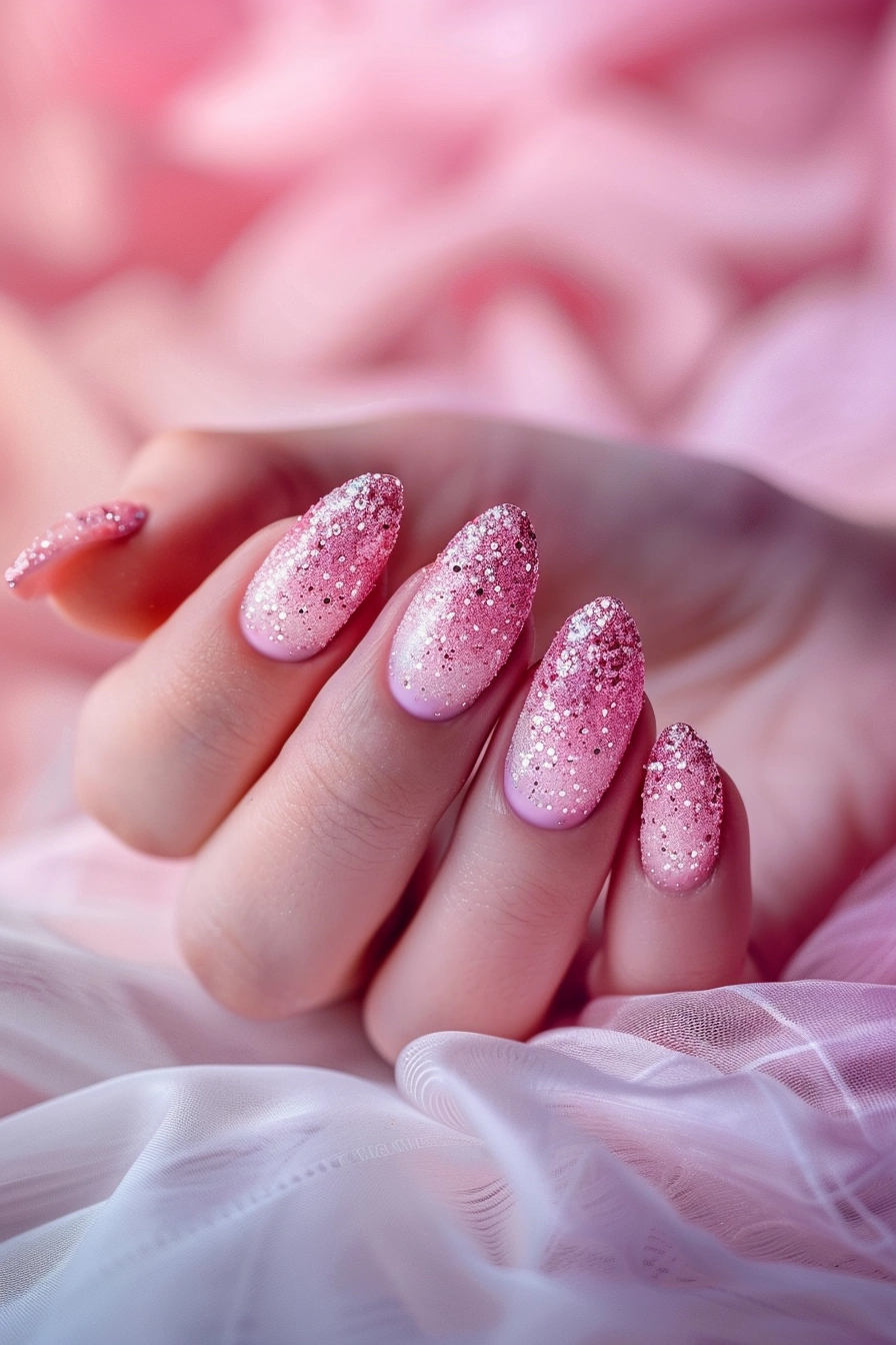 Beautiful stiletto nails with a pink to white gradient and fine glitter. The glitter is concentrated at the tips, creating a sparkly, elegant effect perfect for special occasions.