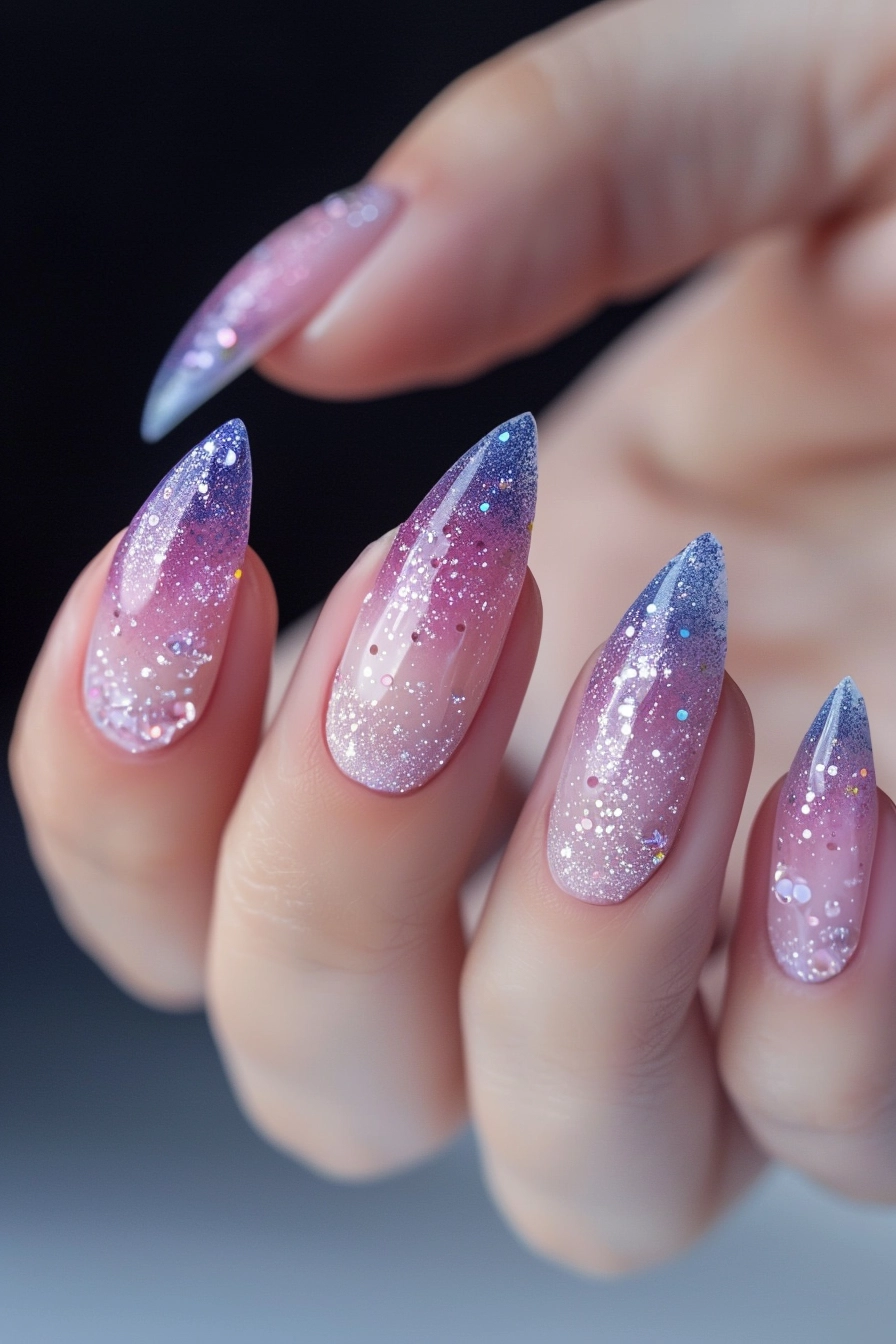 Elegant stiletto nails with a gradient of soft pink, white, and glitter. The combination of solid pink, white, and a glittery accent on each nail adds a chic and stylish look, perfect for any occasion.