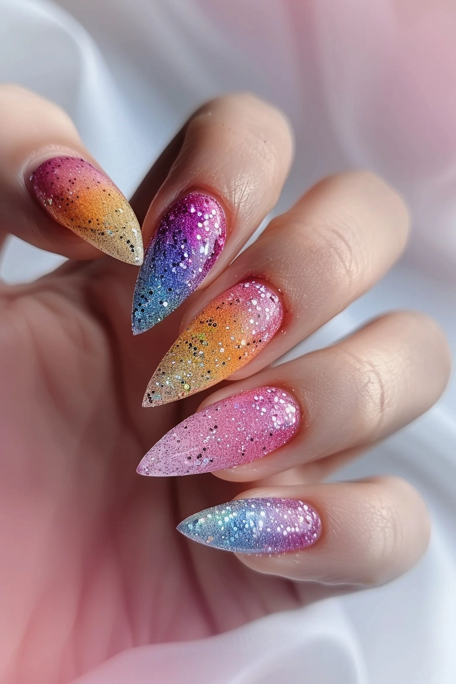 Vibrant square-shaped nails featuring a rainbow gradient with glitter. Each nail transitions smoothly through various bright colors, creating a dazzling, multicolored effect ideal for a fun and lively appearance.