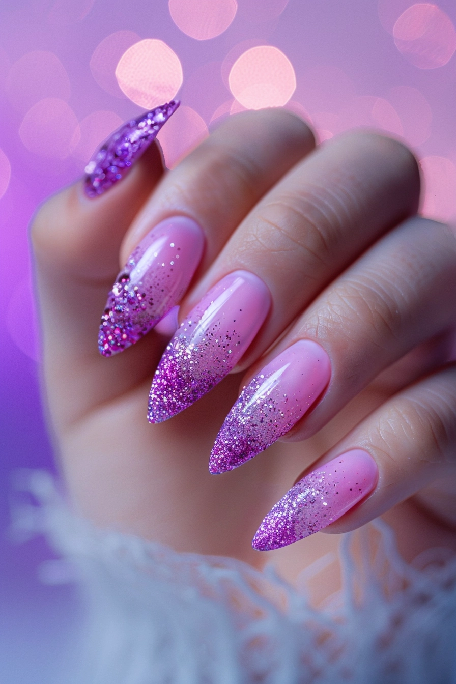  Sparkling ombre nails in pink, purple, and black with glitter. These nails feature a stunning gradient from light to dark, enhanced by fine glitter, giving a glamorous and sophisticated look suitable for evening events.