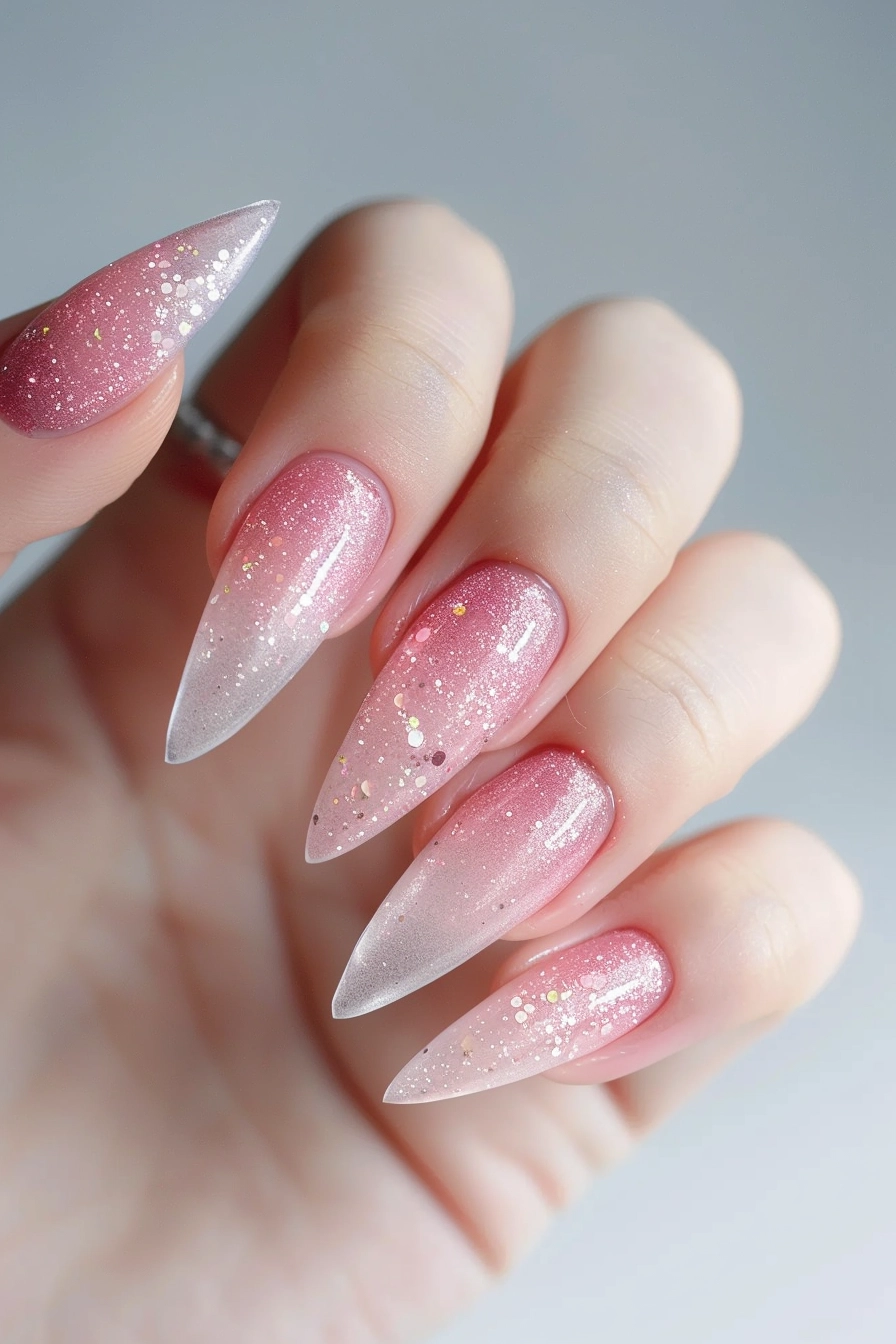 Stylish square nails with a gradient from purple to pink, accented with glitter. The seamless transition between colors and the added sparkle create a beautiful and eye-catching design perfect for any party or special occasion.