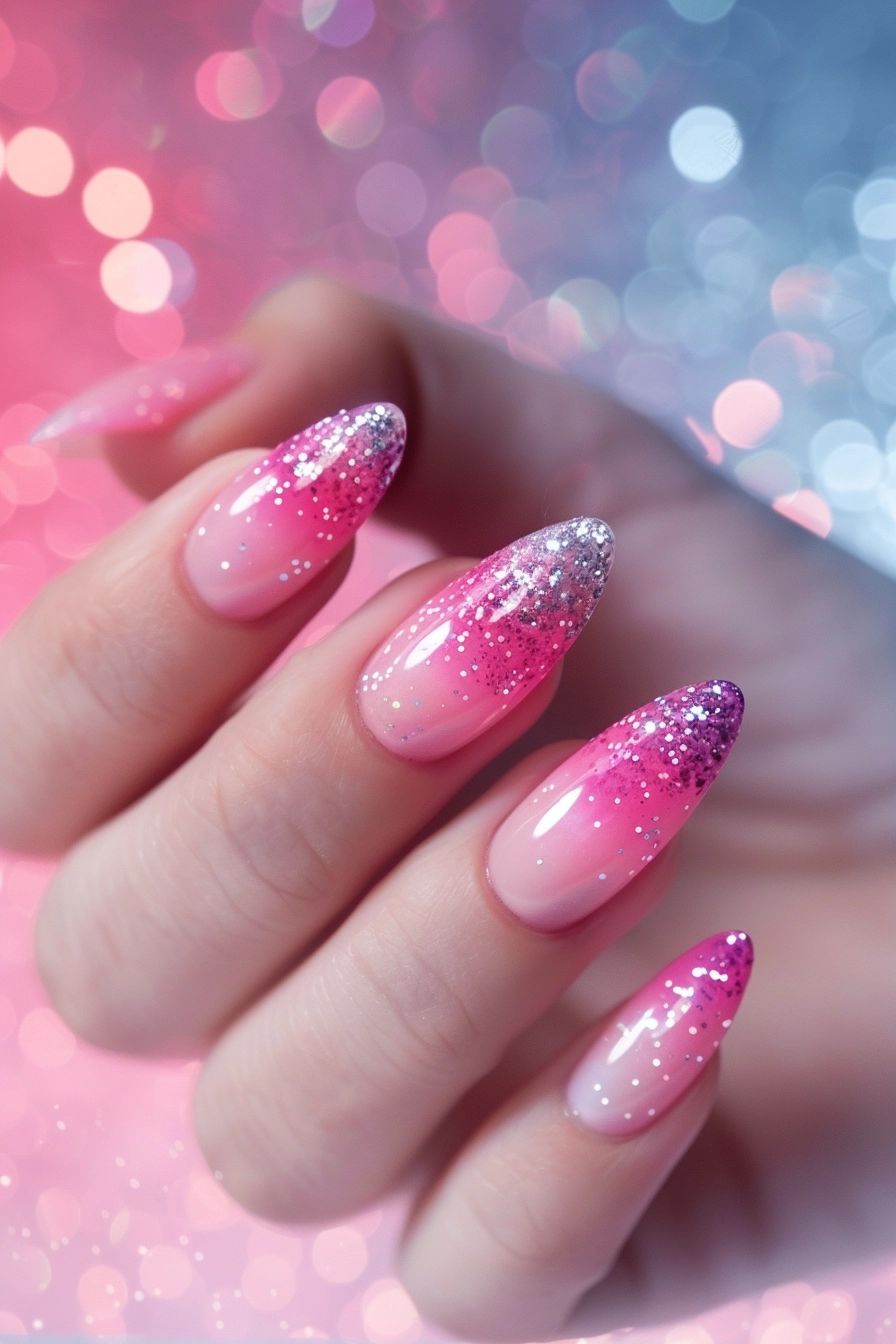 Soft pink gradient nails with a touch of glitter. The smooth transition from light to dark pink, combined with the delicate glitter, provides a subtle yet elegant look, perfect for everyday wear or special occasions.