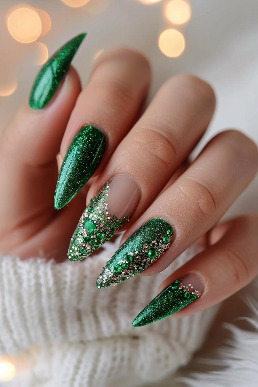 Almond-shaped nails with a white and pink ombre effect and glitter. The gradient from white to pink, sprinkled with glitter, gives these nails a feminine and delicate appearance, making them perfect for weddings or romantic dates.