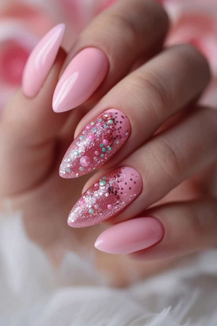 Oval-shaped nails with a soft pink base, featuring one accent nail with pink glitter, pearls, and sequins, creating a delicate and feminine look.