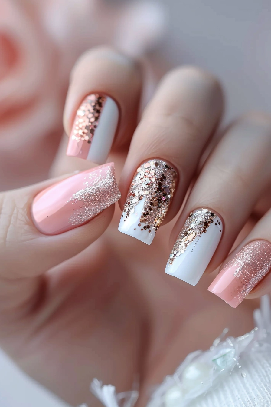 In this close-up shot, the long, rounded nails are painted with a soft, shimmery pale pink polish. The nails feature a striking rose gold glitter design that starts concentrated at the tips and gracefully spreads out into individual sparkles towards the nail beds.