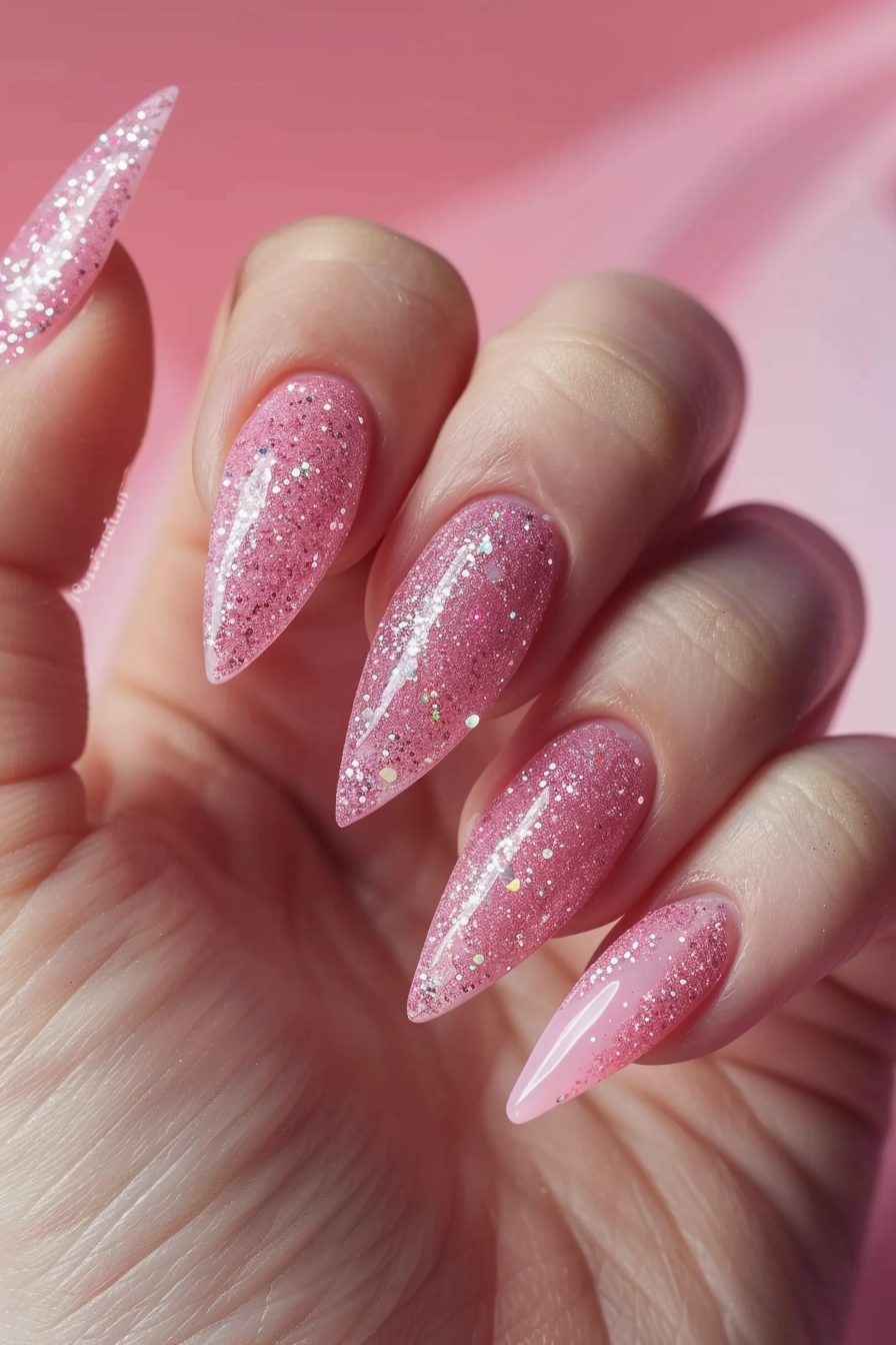 Stiletto-shaped nails in a soft pink hue, dusted with pink and silver glitter, producing a subtle yet striking sparkle perfect for any occasion.