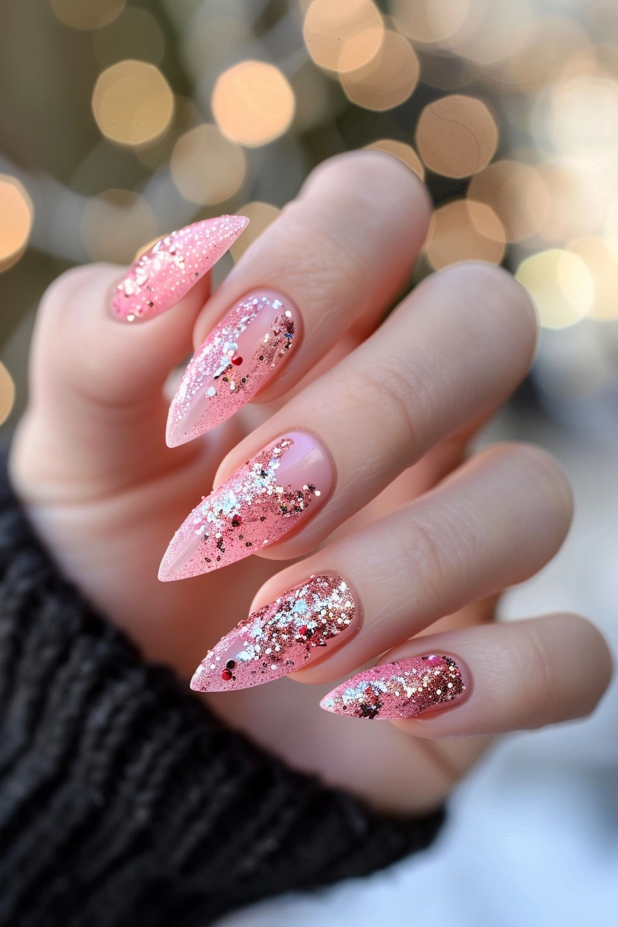 Stiletto-shaped nails with a light pink base and various sizes of silver and gold glitter, creating a glamorous and festive look.