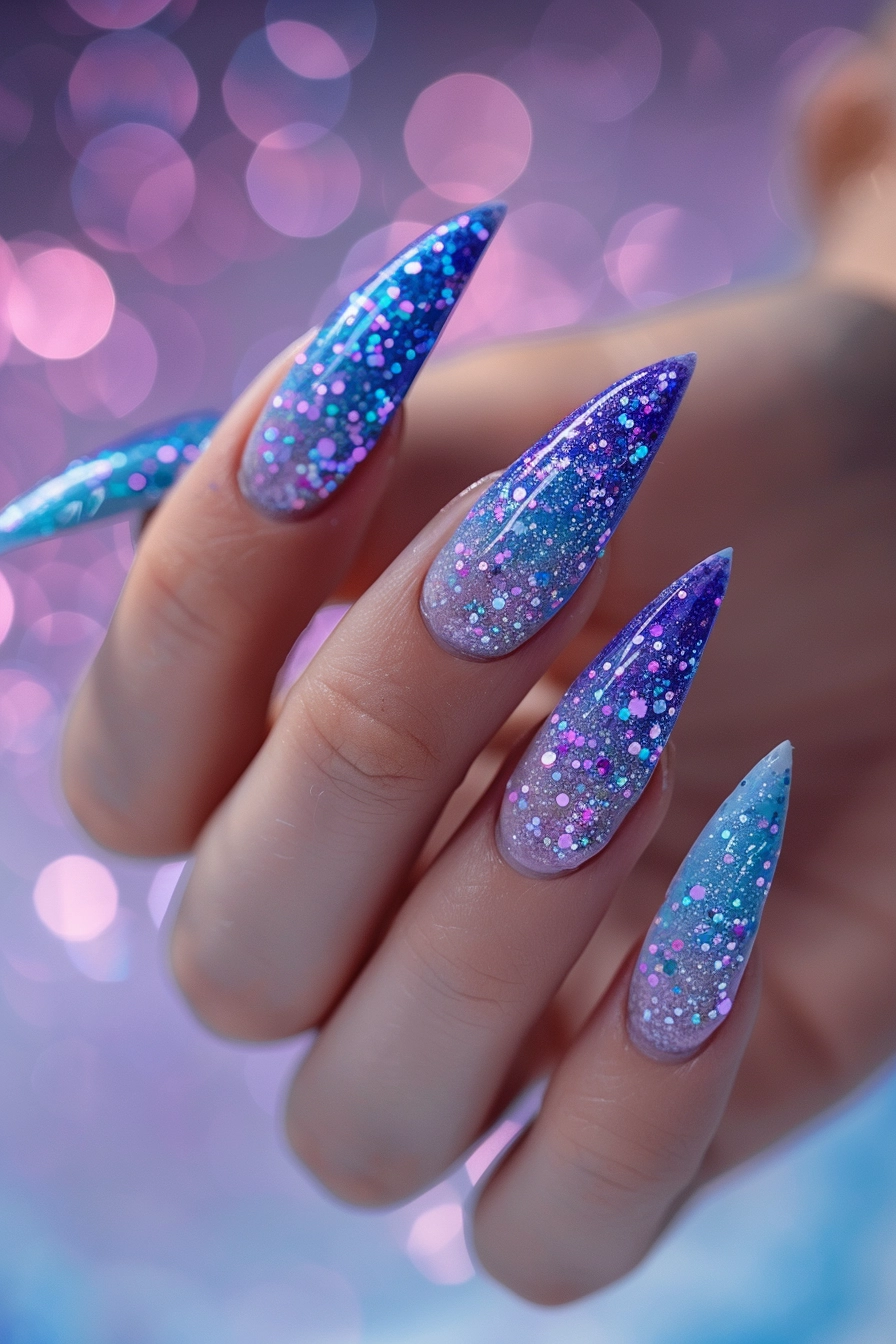 Stiletto-shaped nails with a gradient from light blue to deep purple, covered in different sizes of silver and blue glitter, giving a magical, sparkling effect.