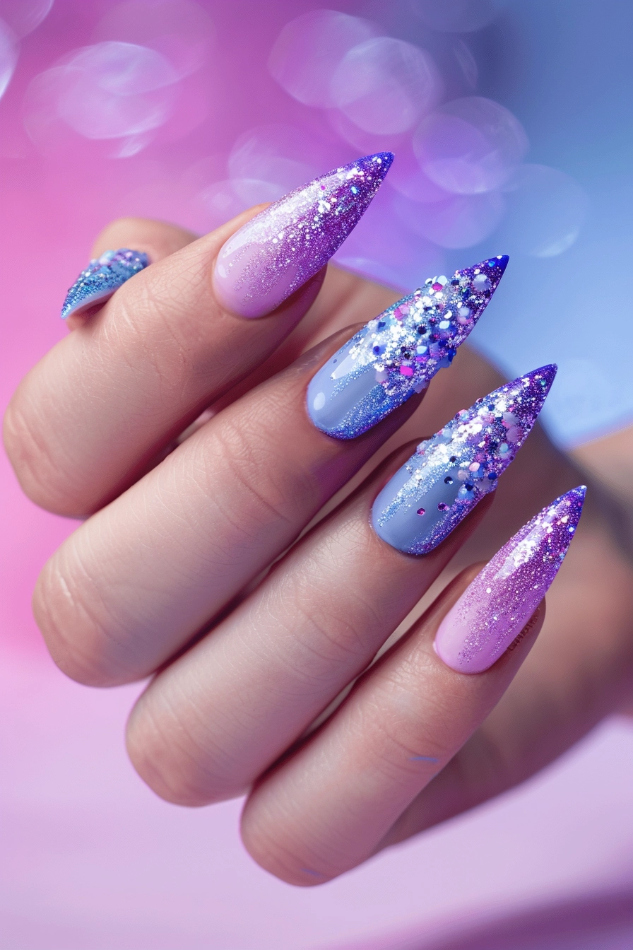 Stiletto-shaped nails with a combination of pastel purple and blue shades, topped with chunky glitter pieces and fine glitter, creating a dreamy and whimsical design.